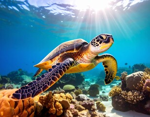 Obraz premium Sea Turtle Swimming Gracefully in Clear Ocean
