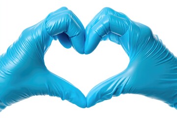 Hands with Blue Gloves Forming Heart Shape Symbolizing Care and Compassion in Medical and Health Contexts