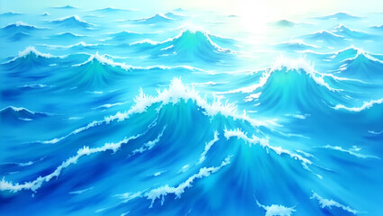 Serene Watercolor Ocean Painting – Tranquil Sea with Sunlit Waves in Expressive Blue Tones