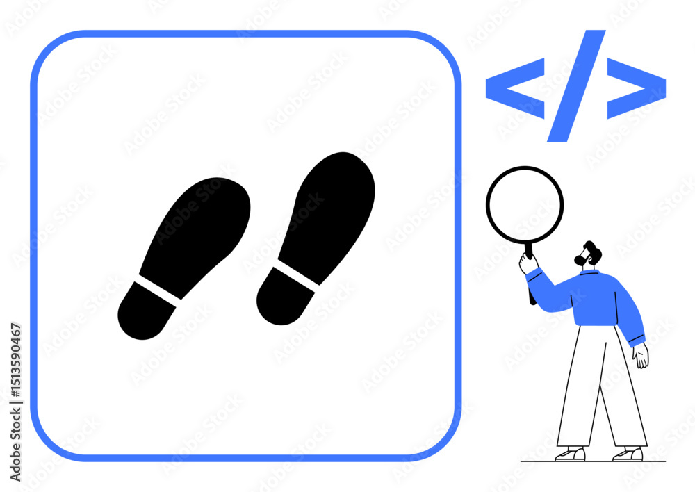 Poster footprints inside square with code tag and figure holding magnifying glass. ideal for coding, data a
