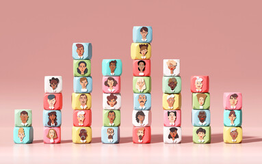 Business team diagram, cubes with people's portraits set in charts, showing the progress and achievements. Business, management, Human resources concept 3D