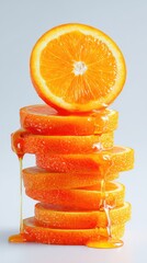 Freshly Cut Orange Slices Stacked with Juicy Citrus Dripping Down Over Smooth Background