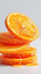 Fresh Orange Slices Dripping with Juice Piled Artistically on a Grey Background for Bright and Delicious Food Photography