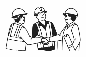 Three men are shaking hands, one of them wearing a yellow vest. They are all wearing hard hats and seem to be working together