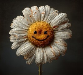Cheerful Daisy Flower with Smile Face, Dew Drops on Petals, Artistic Floral Photography, Nature and Happiness Theme