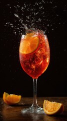 Refreshing Citrus Drink Splashing in Glass with Orange Slices on Dark Background
