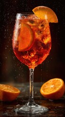 Refreshing Citrus Drink with Ice Chunks and Orange Slice Garnish in Sparkling Glassware on Dark Background