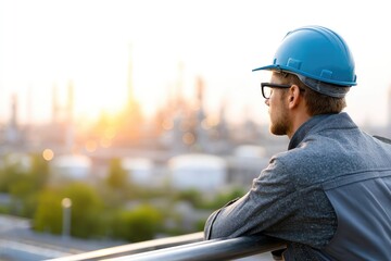 Industrial Worker in Hard Hat Observing Sunset Over Manufacturing Plant and Oil Refineries with Cityscape in Background