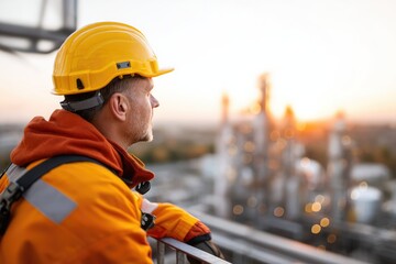 Worker in Safety Gear Observes Industrial Landscape at Sunset from Elevated Position with Bright Orange and Yellow Attire