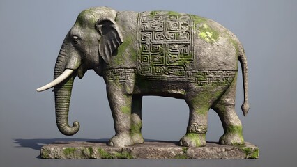 Ancient stone elephant sculpture with intricate carvings and moss