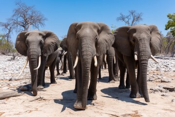 Three Elephants Walking Together in Dry Landscape Under Clear Blue Sky with Sparse Vegetation and Sunlit Environment