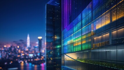 A modern architectural marvel brightly illuminated with colored lights during a captivating night.