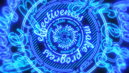 大きな円にポジティブな英単語が並んだネオンのような背景 - ブルー