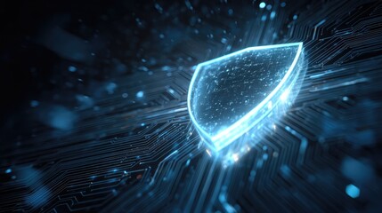 Futuristic Digital Shield Representing Cybersecurity and Online Protection in a High-Tech Environment of Data Streams