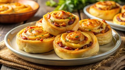 A golden brown bacon cheddar cheese pinwheel being carefully placed on a serving plate for presentation