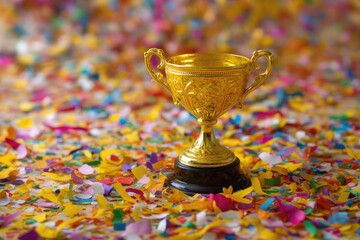Golden Trophy on Colorful Confetti Background Celebrating Achievement and Success in Event or Competition