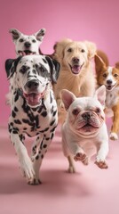 Playful and Happy Dogs Running Together Against a Pink Background in a Cheerful and Vibrant Atmosphere