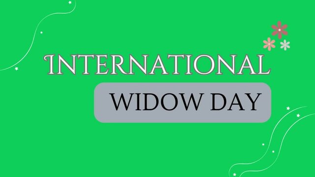 International widow day text on green background with floral accents and decorative white lines