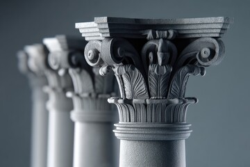 Elegant classical architectural columns in soft light showcasing intricate details and textures on a serene background