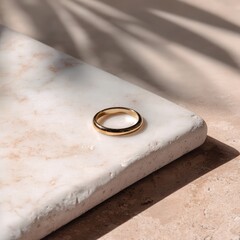 Elegant Gold Ring Placed on Marble Surface with Soft Natural Light Highlighting Its Shine and Design Details
