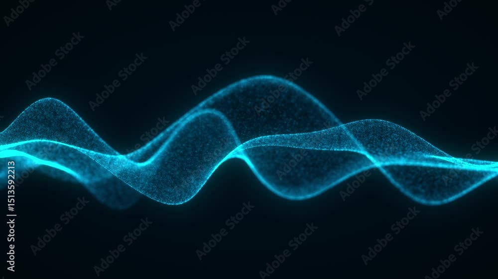 Poster abstract digital data wave with glowing particles and dynamic lines on a dark background, concept of