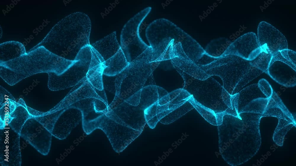 Poster abstract digital data wave with glowing particles and dynamic lines on a dark background, concept of