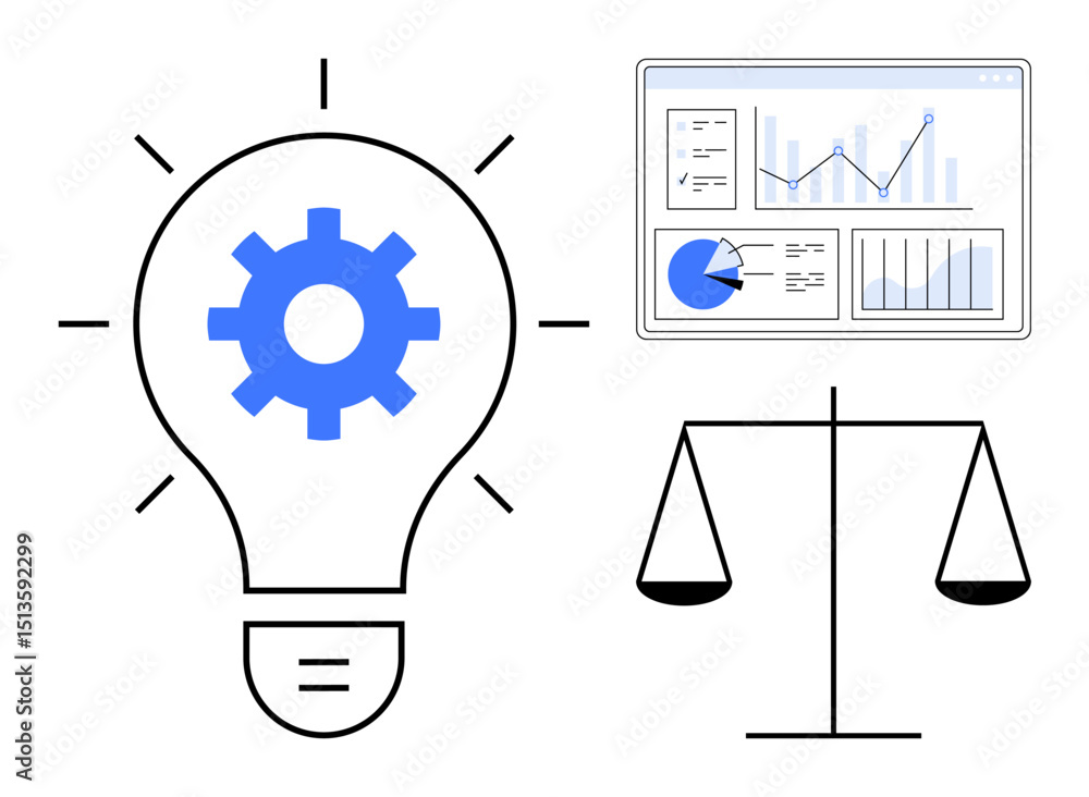 Poster light bulb with gear symbolizing ideas, analytics dashboard showing data insights, and scales repres