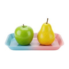 A green apple and a yellow pear resting on a color-gradient tray on a bright white background