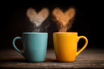 Warm Heart Shaped Steam Rising from Colorful Mugs on Rustic Wooden Table Background in Cozy Setting