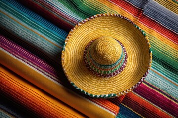 Colorful Mexican sombrero placed on vibrant woven blankets showcasing traditional patterns and textures in bright hues