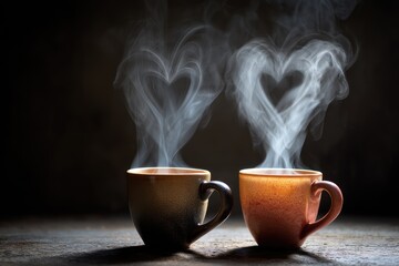 Romantic steam hearts rise from two cozy coffee cups in a warm, inviting setting with soft background lighting