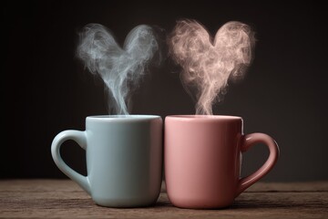 Romantic Steam Heart Shapes Emerging from Colorful Coffee Mugs on a Rustic Wooden Table