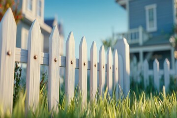 Charming White Picket Fence with Green Grass in a Sunny Residential Neighborhood Setting on a Bright Day