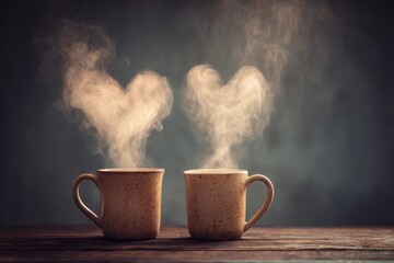 Warm Coffee Mugs with Heart-Shaped Steam in Cozy Atmosphere for Love and Romance Themes