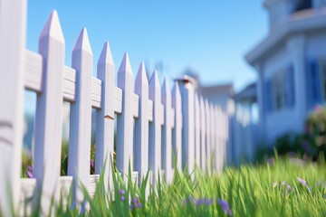 Bright and Cheerful White Picket Fence Surrounded by Lush Green Grass and Colorful Flowers Under a Clear Blue Sky