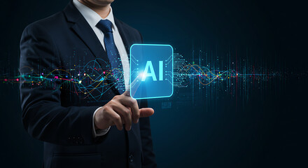 Businessman touching artificial intelligence button with futuristic overlay