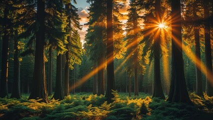 Obraz premium Captivating forest scene with sunlight streaming through towering trees at golden hour.