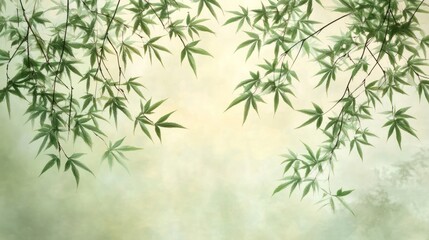 Naklejka premium Delicate bamboo branches with fresh leaves against a soft, hazy background