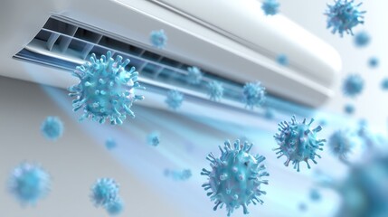 Air Conditioning Unit with Floating Virus Particles Representing Indoor Air Quality Risks and Health Concerns for Users