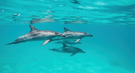 Obraz premium Dolphins swimming gracefully in crystal-clear ocean waters