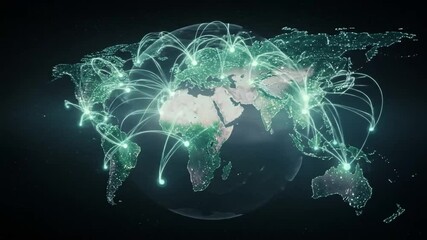 A digital world map with glowing lines representing global communication and data transfer across connected networks and continents. - Powered by Adobe