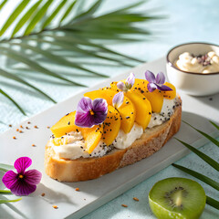 Lightly toasted brioche topped with coconut cream, juicy mango slices, chia seeds, and edible flowers. Bright and colorful with tropical styling, sunlight streaming in from the side.