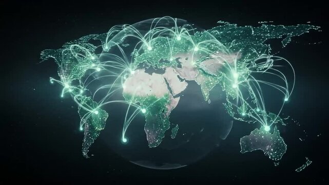 A digital world map with glowing lines representing global communication and data transfer across connected networks and continents.