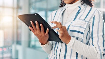 Hands, woman and typing on tablet in office for research, financial report and schedule update. Accountant, reading and digital for finance agenda, information and budget review for investment email