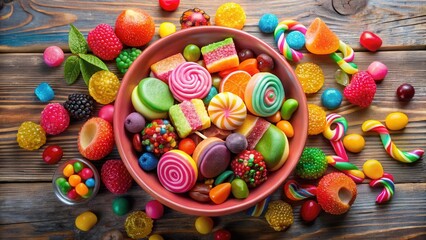 Fototapeta premium Vibrant array of colorful sweets in a pink bowl filled with various candies and treats displayed on a wooden table