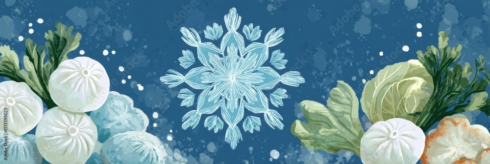 Poster frozen dumplings and fresh vegetables adorned by a stylized snowflake in a bright winter setting