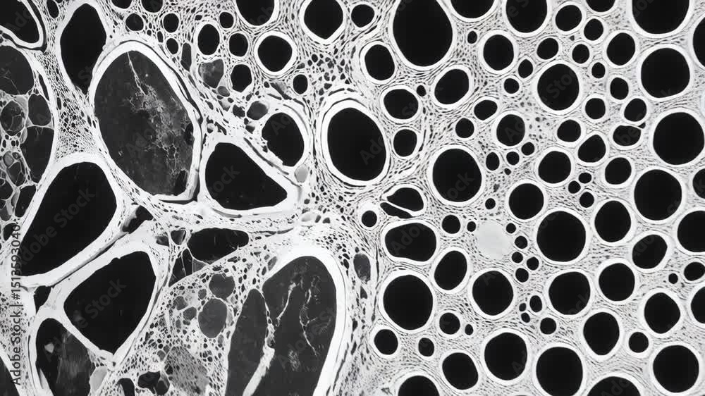 Poster abstract black and white cellular organic pattern with varied sizes of circles and connecting networ