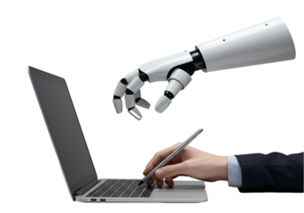 Human and Robot Collaboration on Laptop isolated on transparent baackground