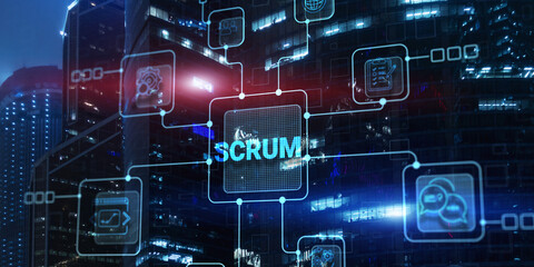 SCRUM. Development methodology, programming and application design technology concept on city...