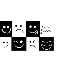 black and white background showing smiley face which expresses how you feel emotionally.  Sad Happy Excited  Angry.